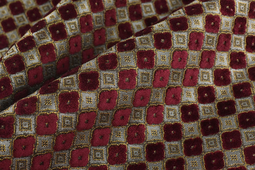 Heavy Weight Luxury Lucky Clover Cut Velvet Jacquard Fabric For Chair Sofa|Red Gold Geometric Furniture Upholstery|Heavy Duty Vintage Fabric