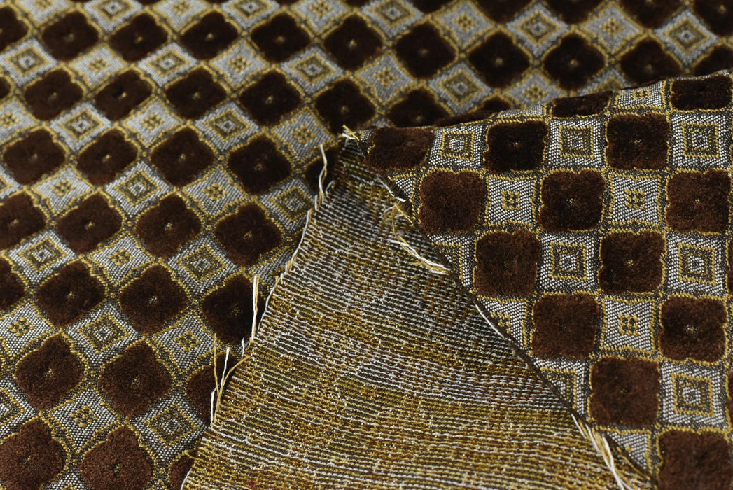 Heavy Weight Luxury Lucky Clover Cut Velvet Jacquard Fabric For Chair|Gold Brown Geometric Furniture Upholstery|Heavy Duty Vintage Fabric