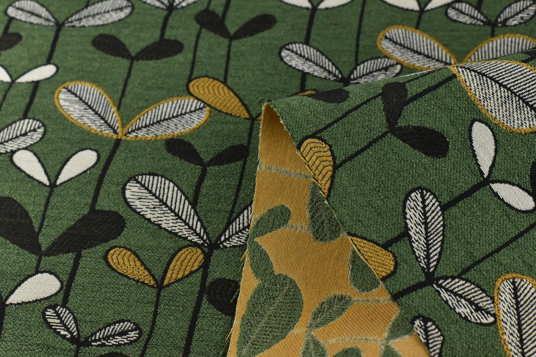 Heavy Weight Green Botanical Sprouting Leaves Upholstery Fabric|Vintage Floral Black White Mustard|Modern Nature-Inspired Fabric By Yard