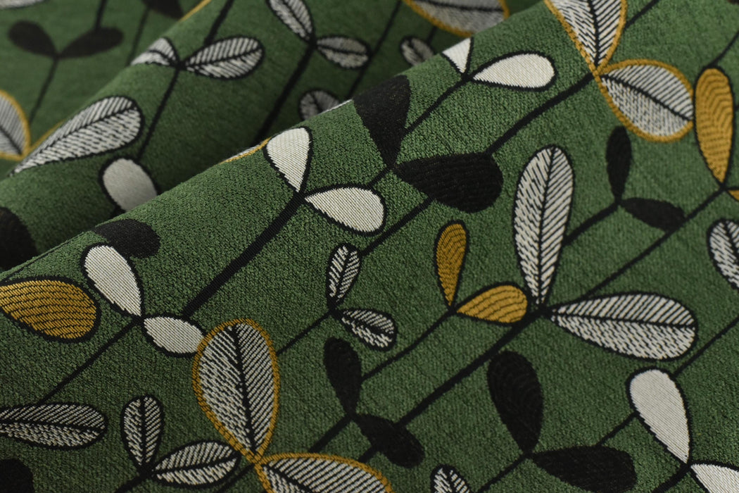 Heavy Weight Green Botanical Sprouting Leaves Upholstery Fabric|Vintage Floral Black White Mustard|Modern Nature-Inspired Fabric By Yard