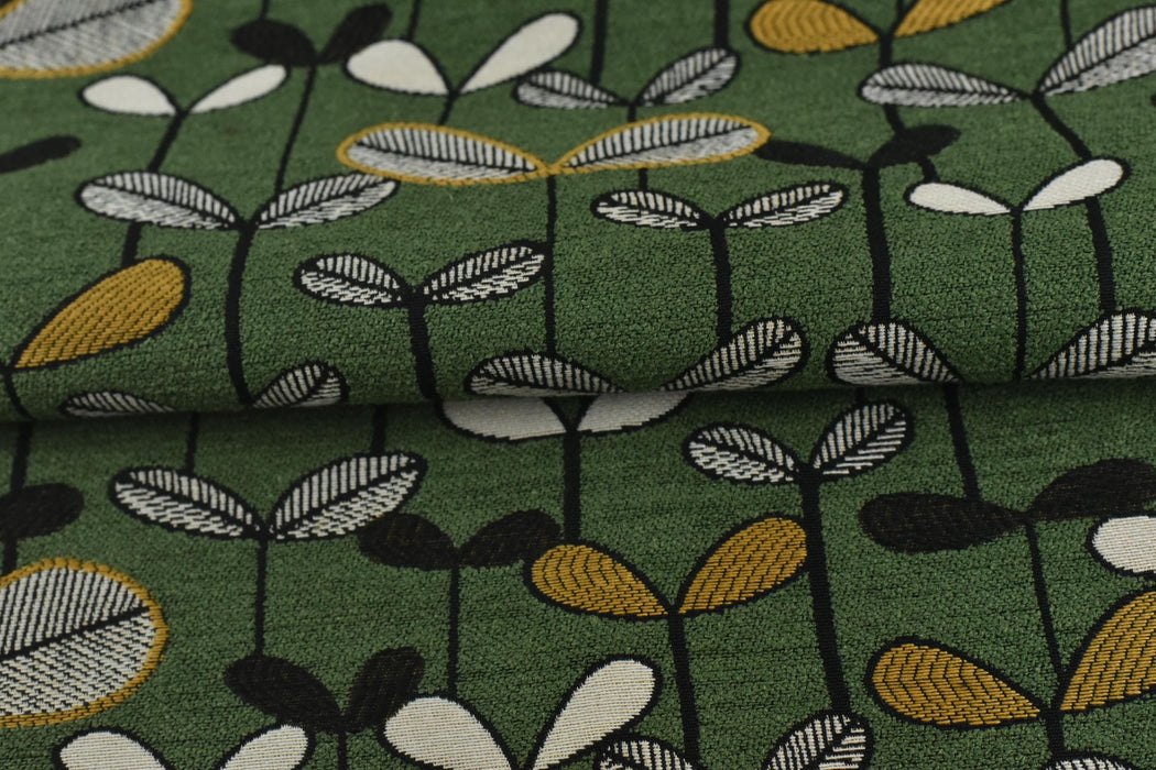 Heavy Weight Green Botanical Sprouting Leaves Upholstery Fabric|Vintage Floral Black White Mustard|Modern Nature-Inspired Fabric By Yard