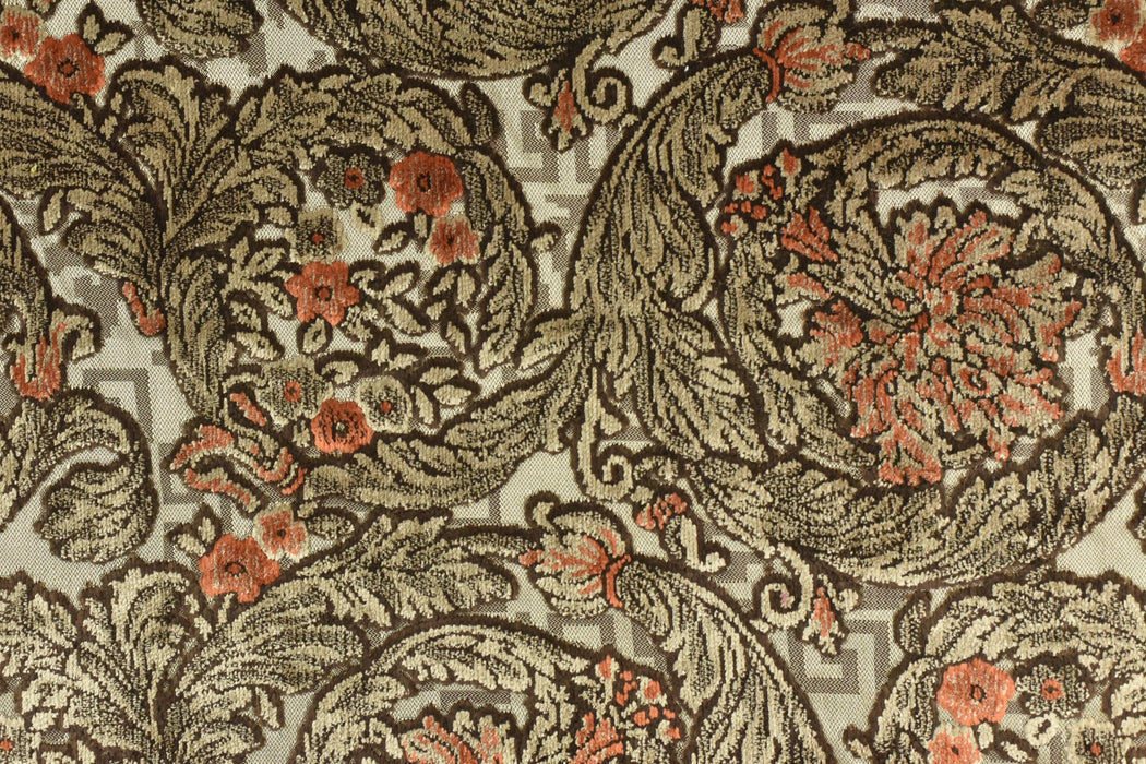 Heavy Weight Vintage Baroque Floral Cut Velvet Jacquard Fabric by the Yard For Chair|Taupe Terracotta Floral Scroll Upholstery For Armchair