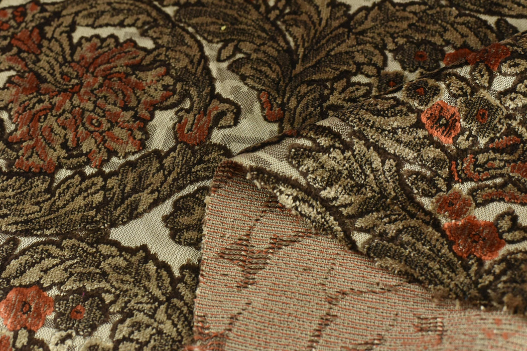 Heavy Weight Vintage Baroque Floral Cut Velvet Jacquard Fabric by the Yard For Chair|Taupe Terracotta Floral Scroll Upholstery For Armchair