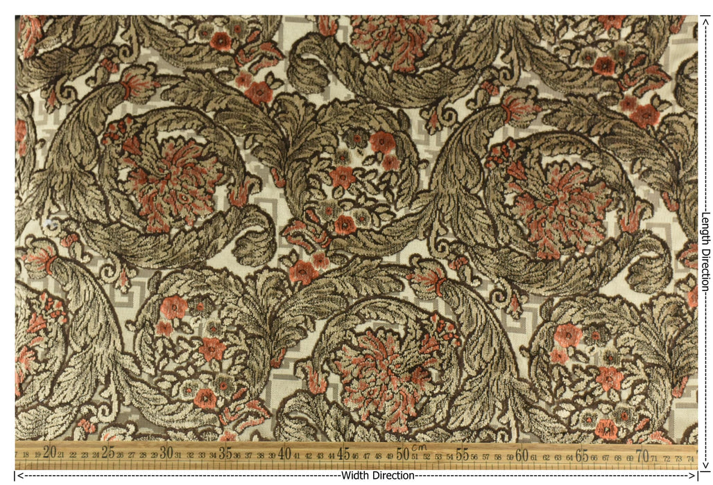 Heavy Weight Vintage Baroque Floral Cut Velvet Jacquard Fabric by the Yard For Chair|Taupe Terracotta Floral Scroll Upholstery For Armchair
