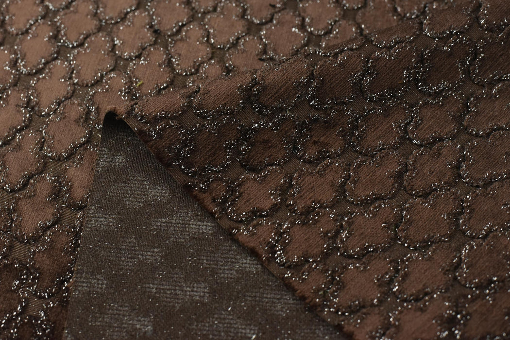 Heavy Weight Geometric Cut Velvet Metallic Jacquard Fabric For Chair|Brown Silver Furniture Upholstery|Sofa Reupholstery for Modern Decor