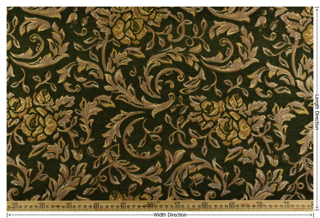 Heavy Weight Chenille Jacquard Vintage Green Gold Rose Foral Upholstery Fabric|Premium Sofa Reupholstery Fabric for Armchairs