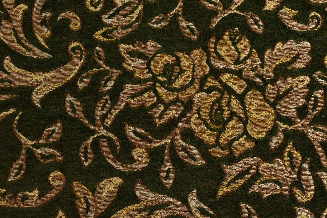 Heavy Weight Chenille Jacquard Vintage Green Gold Rose Foral Upholstery Fabric|Premium Sofa Reupholstery Fabric for Armchairs