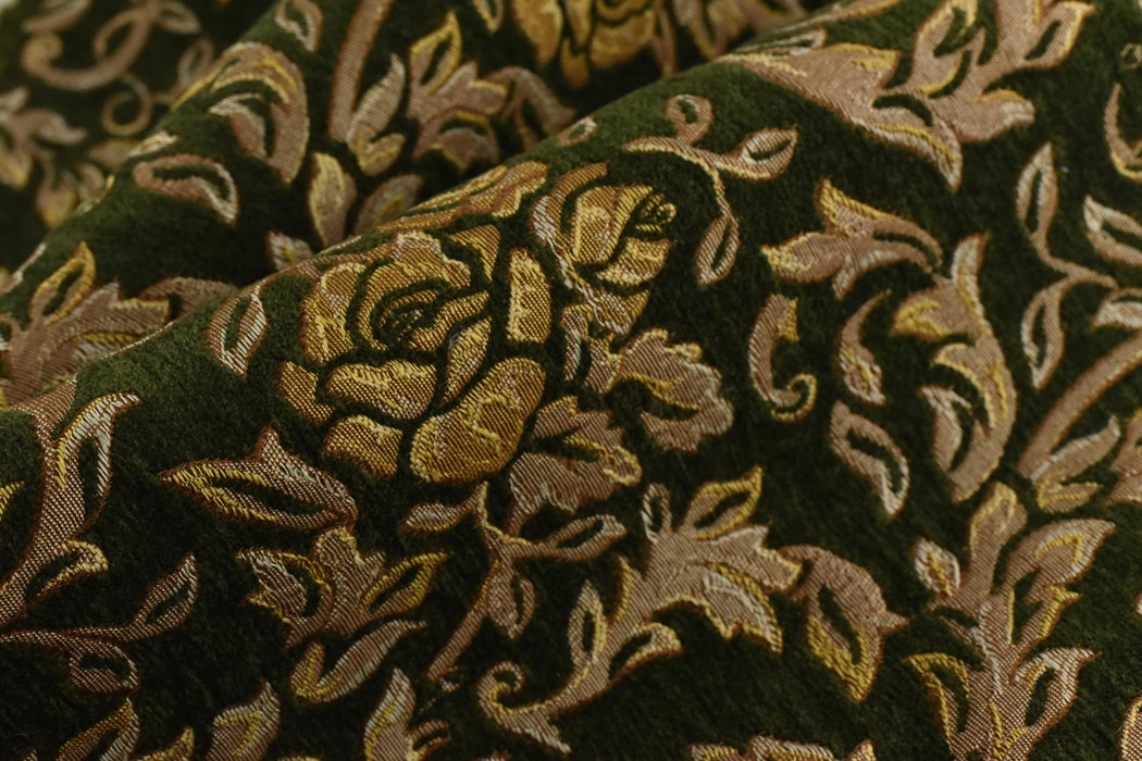 Heavy Weight Chenille Jacquard Vintage Green Gold Rose Foral Upholstery Fabric|Premium Sofa Reupholstery Fabric for Armchairs