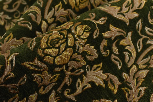 Heavy Weight Chenille Jacquard Vintage Green Gold Rose Foral Upholstery Fabric|Premium Sofa Reupholstery Fabric for Armchairs