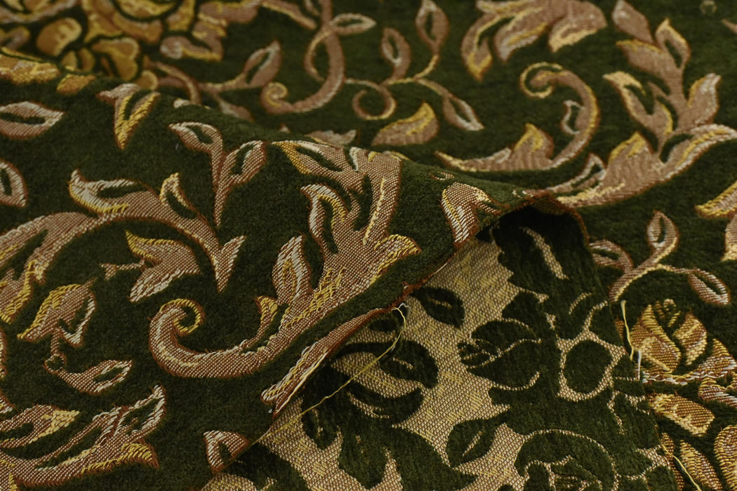 Heavy Weight Chenille Jacquard Vintage Green Gold Rose Foral Upholstery Fabric|Premium Sofa Reupholstery Fabric for Armchairs
