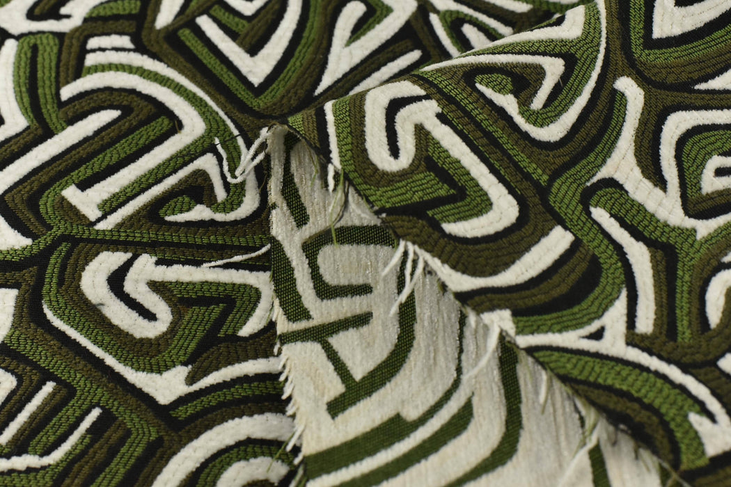 Heavy Weight Olive Green Black White Abstract Labyrinth Upholstery Fabric|Geometric Maze Pattern for Chair|Modern Designer Fabric By Yard