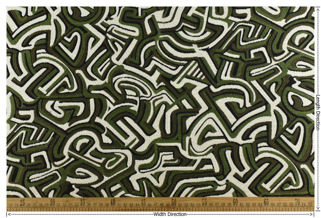 Heavy Weight Olive Green Black White Abstract Labyrinth Upholstery Fabric|Geometric Maze Pattern for Chair|Modern Designer Fabric By Yard