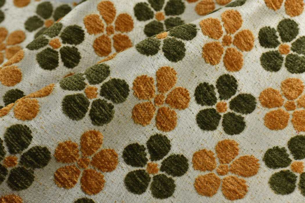 Heavy Weight Green Gold Four-Leaf Clover Floral Pattern Chenille Upholsetry Fabric For Chair|Thick Plush Texture Furniture Reupholstery