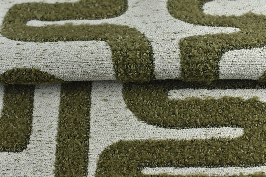 Heavy Weight Dark Olive Green Abstract Geometric Boucle Fabric For Chair Ottoman|Raised Jacquard Texture for Sofa Upholstery
