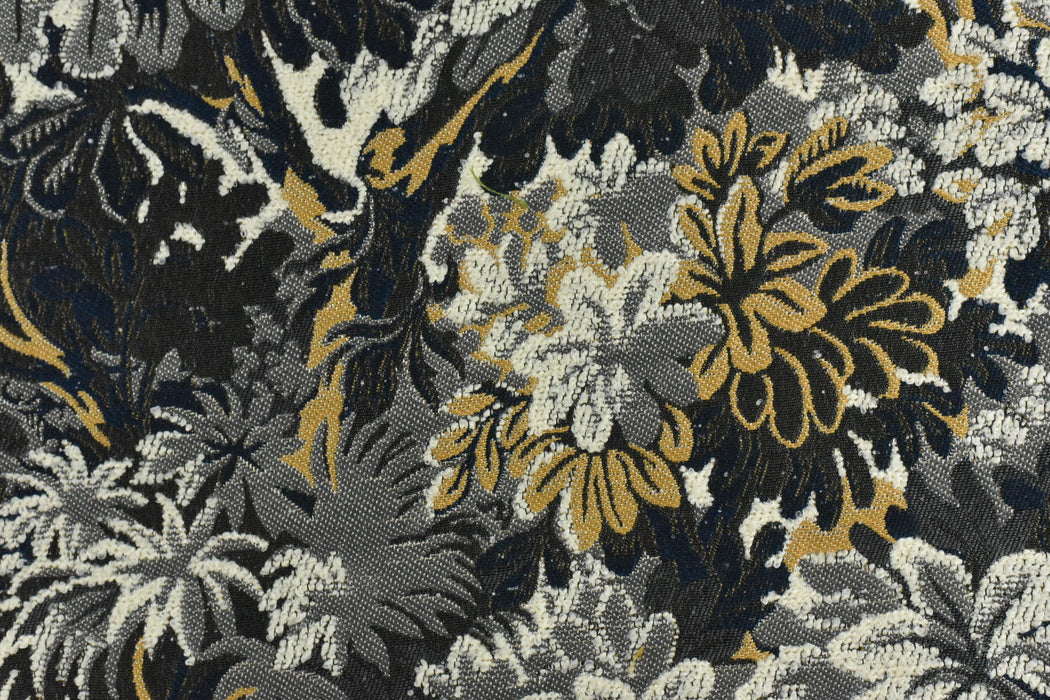 Heavy Weight Botanical Tapestry Upholstery Fabric For Chair|Charcoal Navy Cream Floral Foliage with Golden Yellow|Designer Fabric By Yard