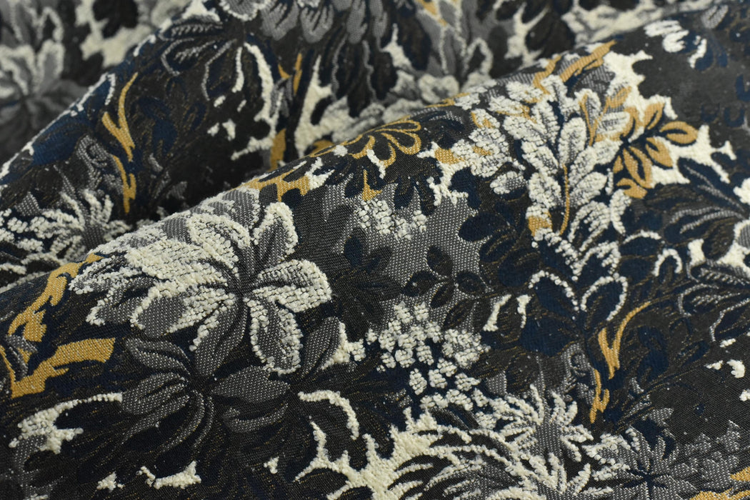 Heavy Weight Botanical Tapestry Upholstery Fabric For Chair|Charcoal Navy Cream Floral Foliage with Golden Yellow|Designer Fabric By Yard