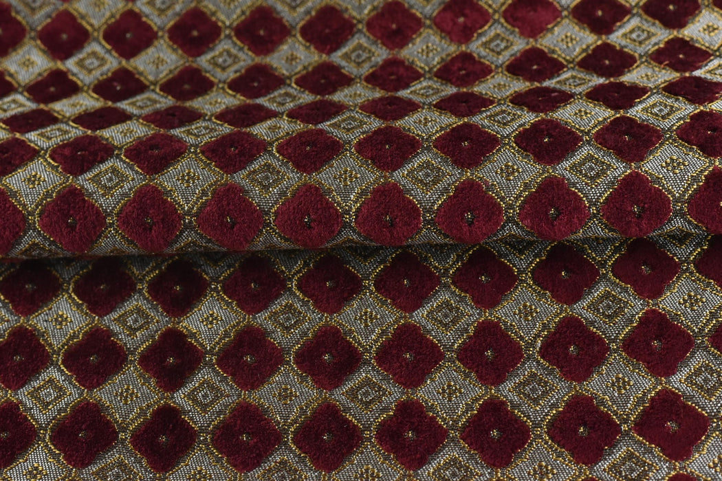 Heavy Weight Luxury Lucky Clover Cut Velvet Jacquard Fabric For Chair Sofa|Red Gold Geometric Furniture Upholstery|Heavy Duty Vintage Fabric