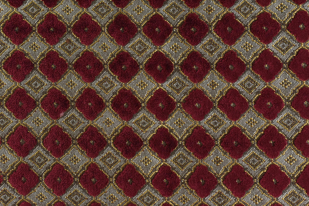 Heavy Weight Luxury Lucky Clover Cut Velvet Jacquard Fabric For Chair Sofa|Red Gold Geometric Furniture Upholstery|Heavy Duty Vintage Fabric