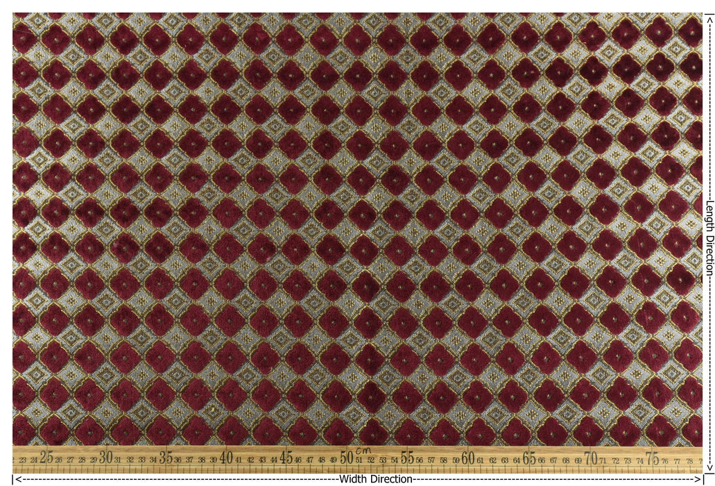Heavy Weight Luxury Lucky Clover Cut Velvet Jacquard Fabric For Chair Sofa|Red Gold Geometric Furniture Upholstery|Heavy Duty Vintage Fabric