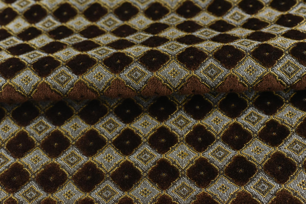 Heavy Weight Luxury Lucky Clover Cut Velvet Jacquard Fabric For Chair|Gold Brown Geometric Furniture Upholstery|Heavy Duty Vintage Fabric