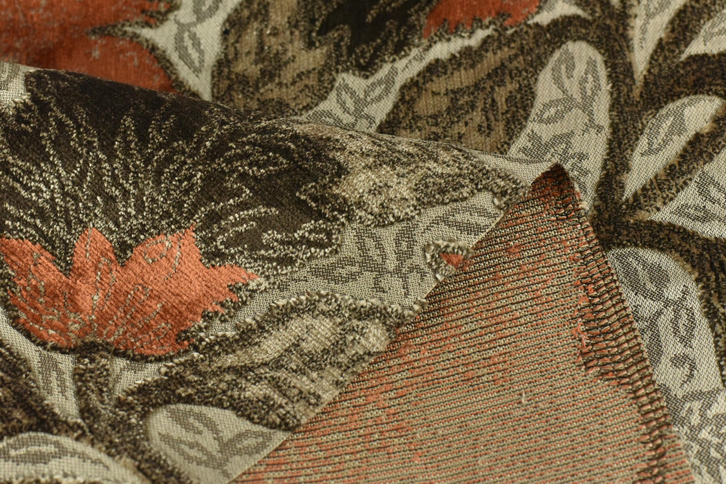 Heavy Weight Floral Cut Velvet Jacquard Fabric For Chair|Orange Upholstery Material|Large Scale Flower Sofa Fabric for Vintage Modern Decor