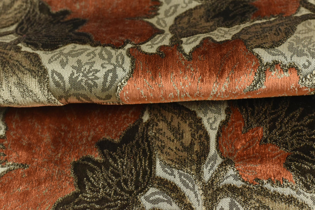 Heavy Weight Floral Cut Velvet Jacquard Fabric For Chair|Orange Upholstery Material|Large Scale Flower Sofa Fabric for Vintage Modern Decor