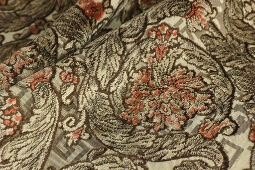 Heavy Weight Vintage Baroque Floral Cut Velvet Jacquard Fabric by the Yard For Chair|Taupe Terracotta Floral Scroll Upholstery For Armchair