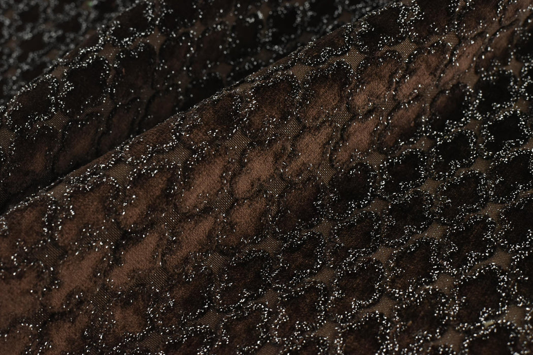 Heavy Weight Geometric Cut Velvet Metallic Jacquard Fabric For Chair|Brown Silver Furniture Upholstery|Sofa Reupholstery for Modern Decor