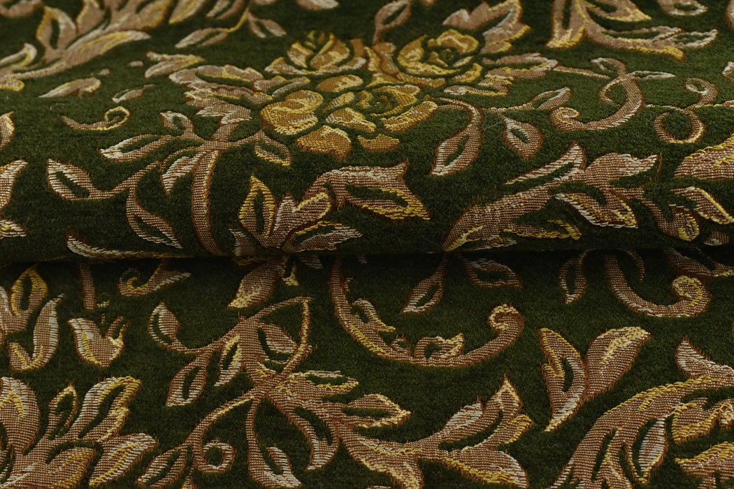 Heavy Weight Chenille Jacquard Vintage Green Gold Rose Foral Upholstery Fabric|Premium Sofa Reupholstery Fabric for Armchairs