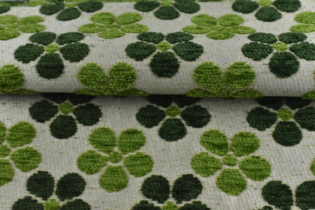 Heavy Weight Green Four-Leaf Clover Floral Pattern Chenille Jacquard Upholsetry Fabric For Chair|Thick Plush Texture Furniture Reupholstery