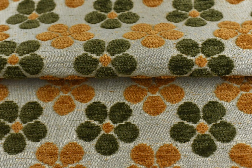 Heavy Weight Green Gold Four-Leaf Clover Floral Pattern Chenille Upholsetry Fabric For Chair|Thick Plush Texture Furniture Reupholstery