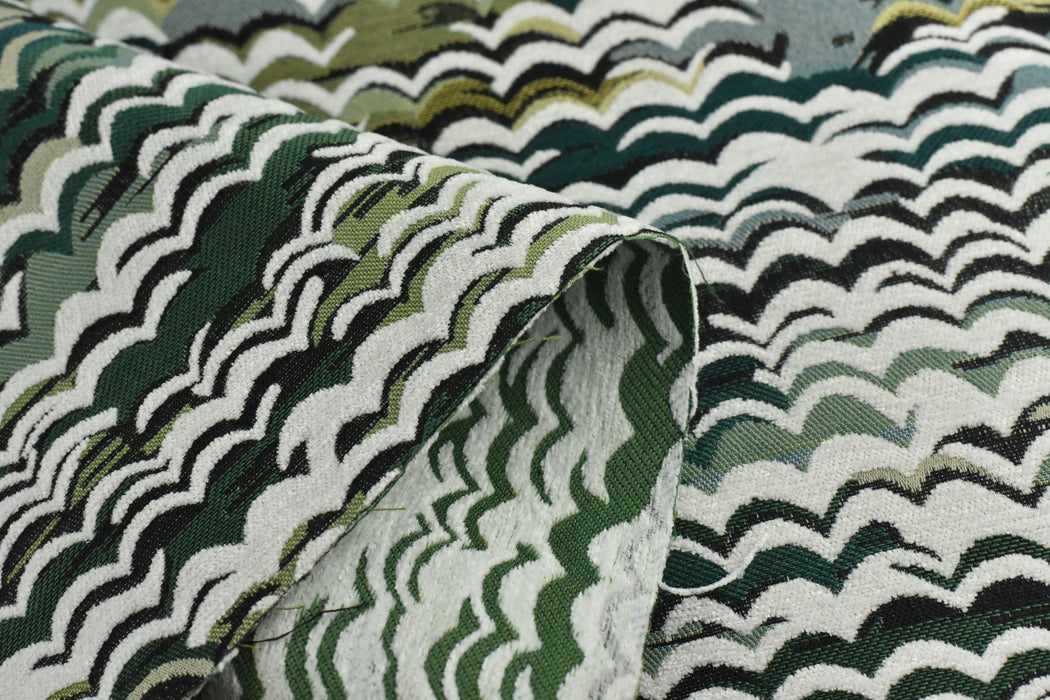Heavy Weight Blue Green Wave Mountain Jacquard Fabric|Multi-Colored Luxury Sofa Fabric for Modern Farmhouse Decor|Olive Forest Green Fabric