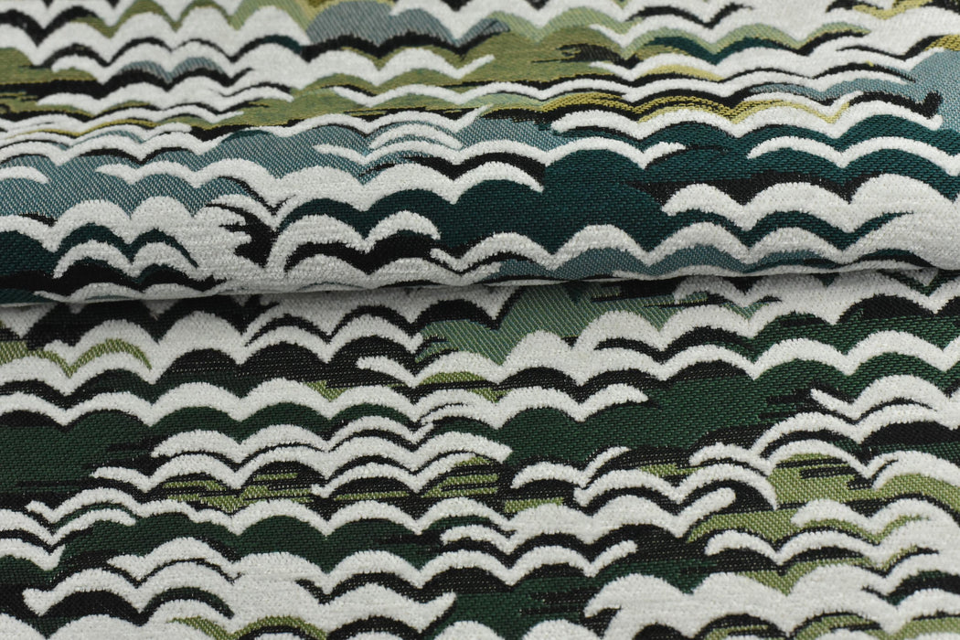 Heavy Weight Blue Green Wave Mountain Jacquard Fabric|Multi-Colored Luxury Sofa Fabric for Modern Farmhouse Decor|Olive Forest Green Fabric