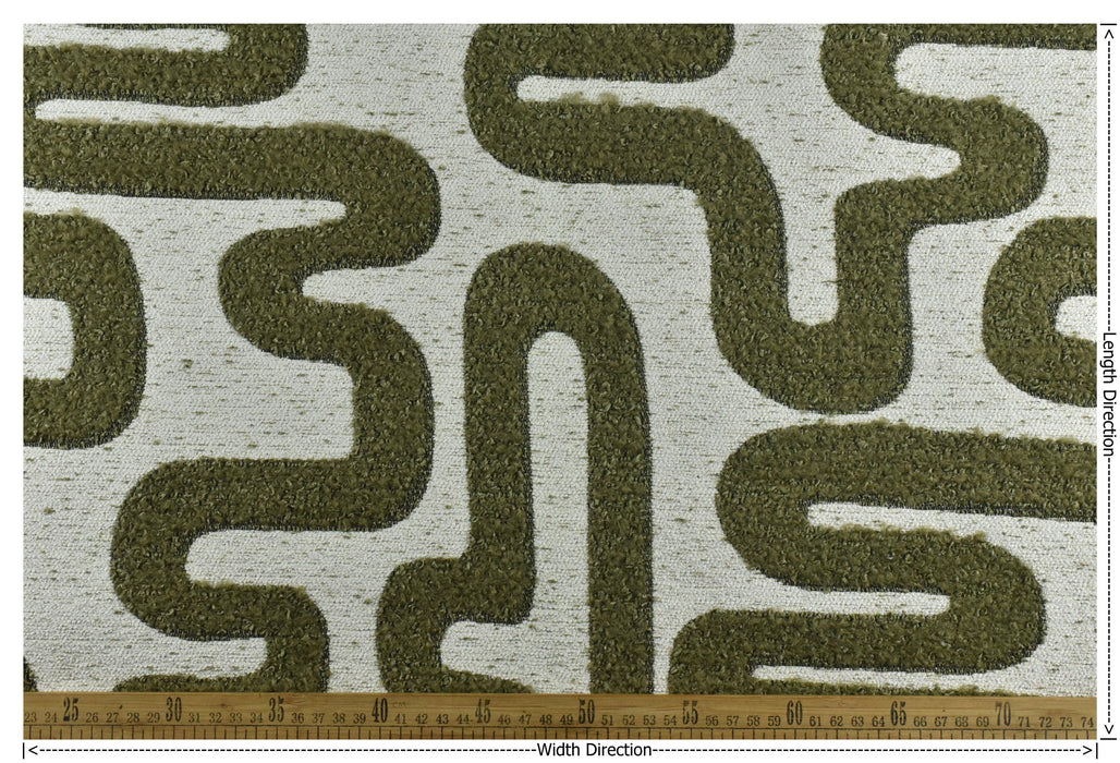 Heavy Weight Dark Olive Green Abstract Geometric Boucle Fabric For Chair Ottoman|Raised Jacquard Texture for Sofa Upholstery