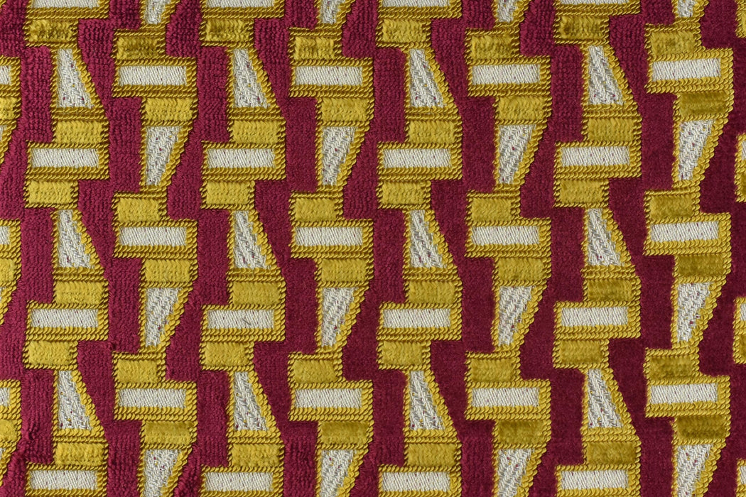 Heavy Weight Burgundy Gold Abstract Geometric Cut Velvet Upholstery Fabric For Chair|Designer Exclusive Furniture Fabric For Sofa Ottoman