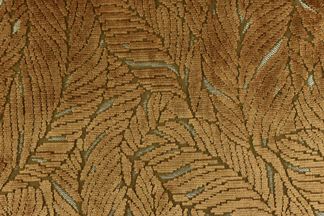 Heavy Weight Leaf Pattern Antique Gold Cut Velvet Upholstery Fabric For Chair|Luxury 3D Raised Botanical Furniture Fabric For Couch Ottoman