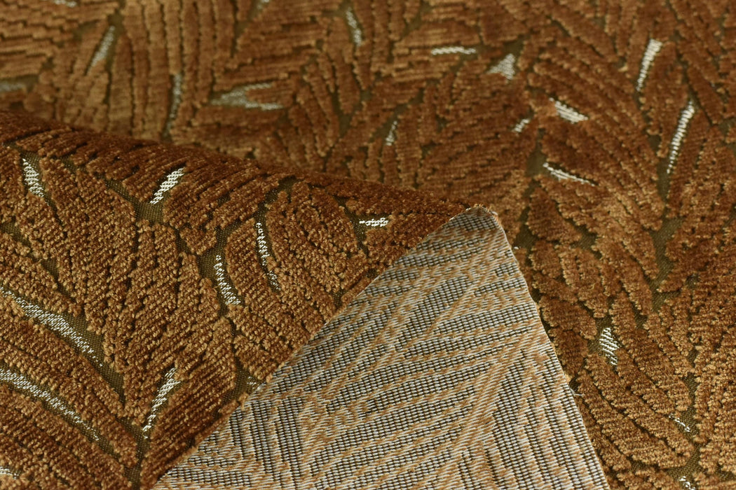 Heavy Weight Leaf Pattern Antique Gold Cut Velvet Upholstery Fabric For Chair|Luxury 3D Raised Botanical Furniture Fabric For Couch Ottoman
