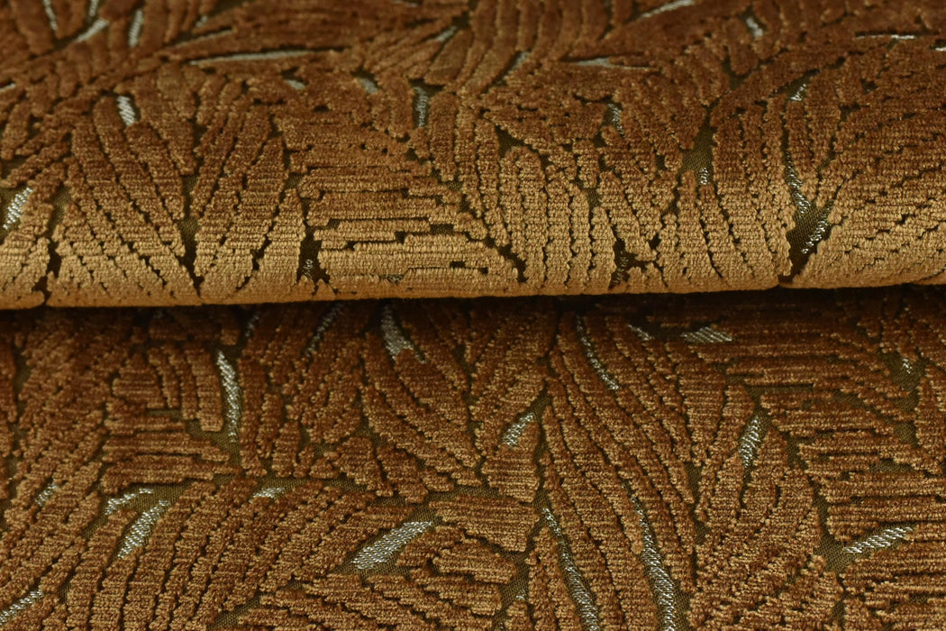 Heavy Weight Leaf Pattern Antique Gold Cut Velvet Upholstery Fabric For Chair|Luxury 3D Raised Botanical Furniture Fabric For Couch Ottoman