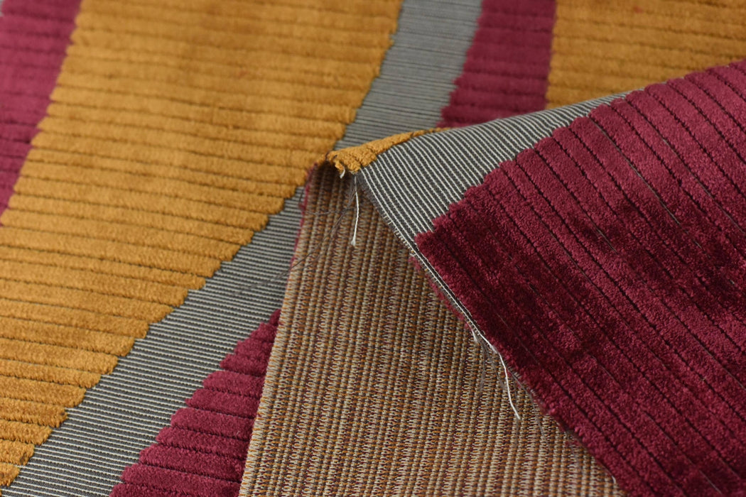Heavy Weight Burgundy and Gold Weavy Geometric Stripe Cut Velvet Upholstery Fabric|Luxury Abstract Raised Textured Fabric For Chair Sofa