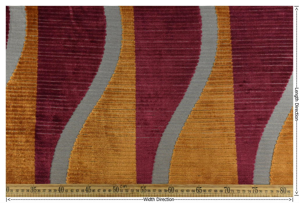 Heavy Weight Burgundy and Gold Weavy Geometric Stripe Cut Velvet Upholstery Fabric|Luxury Abstract Raised Textured Fabric For Chair Sofa