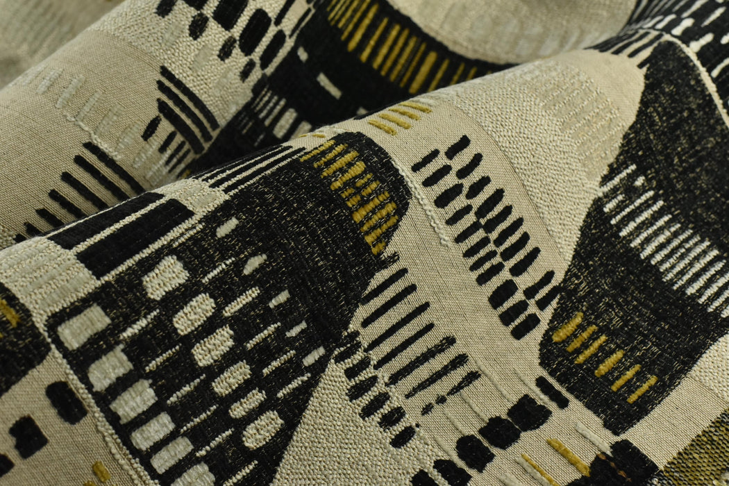 Heavy Weight Mid-Century Modern Abstract Geometric Woven Upholstery Fabric|Cotton Blend Gold Black Sofa Fabric by the Yard For Chairs