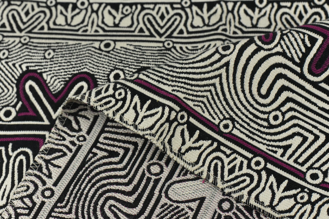 Heavyweight Tribal Geometric Upholstery Fabric For Chair|Sofa Fabric with Curved Maze&Dot Motifs|Black White Burgundy Boho Decor Fabric