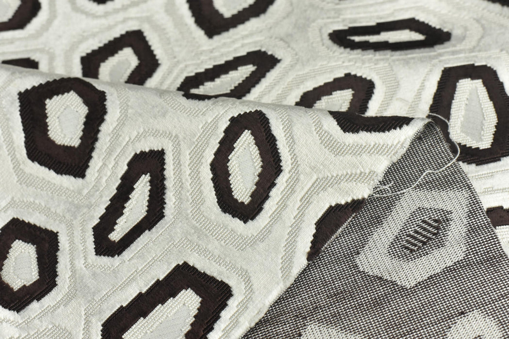 Heavy Weight Geometric Cut Velvet Upholstery Fabric For Chair|Abstract Geometric Dark Brown and Off-White Modern Sofa Armchair Fabric