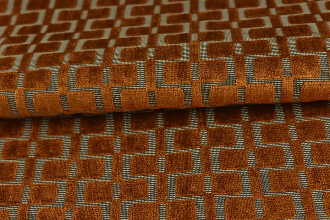 Heavy Weight Burnt Orange Check Cut Velvet Upholstery For Chair|Geometric Lattice Sofa Fabric|Heavy Duty Upholstery Textile For Furniture