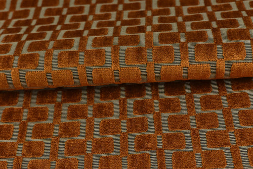 Heavy Weight Burnt Orange Check Cut Velvet Upholstery For Chair|Geometric Lattice Sofa Fabric|Heavy Duty Upholstery Textile For Furniture