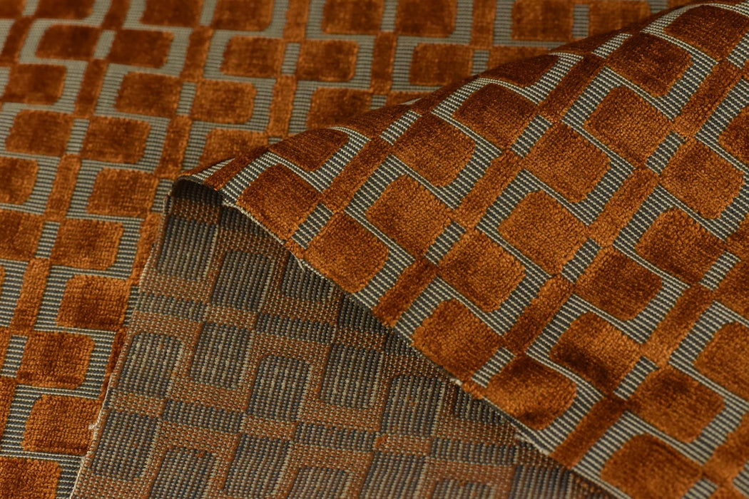 Heavy Weight Burnt Orange Check Cut Velvet Upholstery For Chair|Geometric Lattice Sofa Fabric|Heavy Duty Upholstery Textile For Furniture