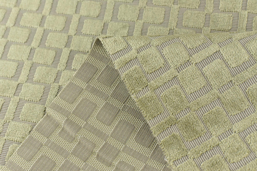Heavy Weight Light Green Check Cut Velvet Upholstery For Chair|Geometric Lattice Sofa Fabric|Heavy Duty Upholstery Textile For Furniture