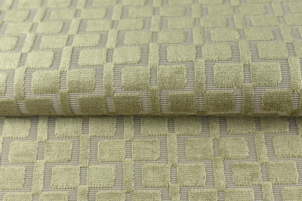 Heavy Weight Light Green Check Cut Velvet Upholstery For Chair|Geometric Lattice Sofa Fabric|Heavy Duty Upholstery Textile For Furniture