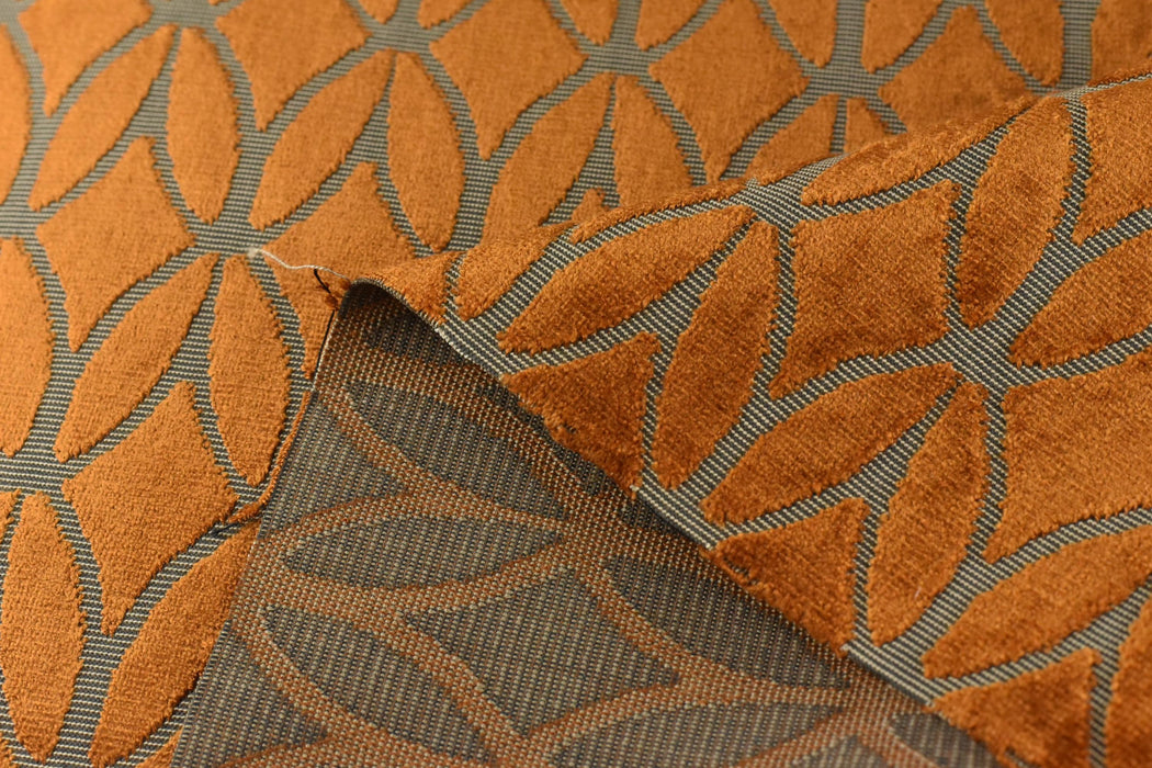 Heavyweight Burnt Orange Rhombus Leaf Cut Velvet Upholstery Fabric For Chair|Modern Minimalist Burnt Orange Geometric Velvet Fabric For Sofa
