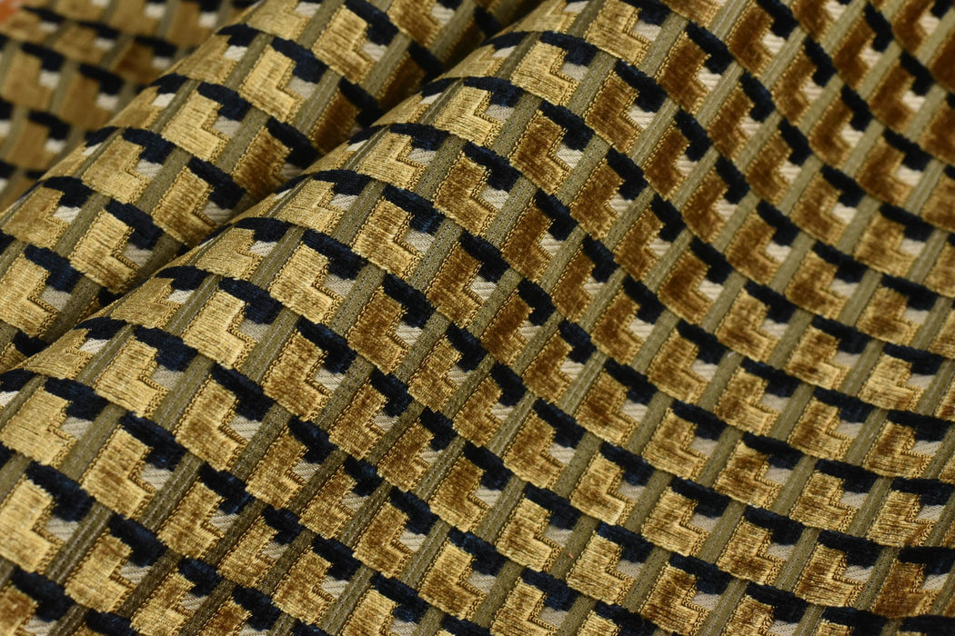 Heavy Weight Gold Black Geometric Cut Velvet Upholstery For Chair|Retro Modern Plushed Raised Blocks Woven Fabric For Sofa Couch Pillow